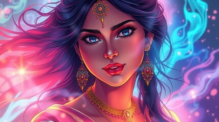 Fototapeta premium Illustration of a stunning Indian woman adorned with intricate jewelry, glowing in vibrant hues of pink, blue, and purple in a magical setting. 