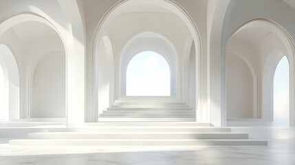 Obraz premium A serene architectural space with arched openings and steps leading to bright light.