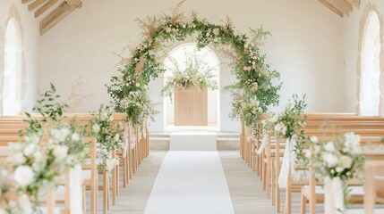 Serene wedding chapel aisle with floral arrangements, green plants decor. Elegant, rustic wedding ceremony venue. Wooden chairs, white aisle runner create peaceful atmosphere. Fresh flowers, greenery