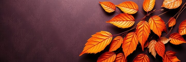 Dry orange metallic leaves arranged in a delicate pattern on a vibrant violet background, abstract, dry