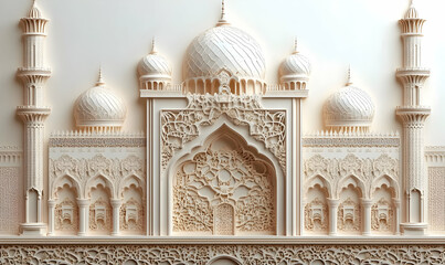 Fototapeta premium Intricate architectural relief of a mosque with domes and minarets.
