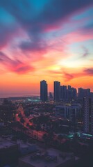 Fototapeta premium Breathtaking Aerial View of Ajman Skyline at Sunset Capturing Vibrant Colors and City Life Illuminated by Warm Sunset Hues and Modern Architecture