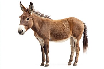 Obraz premium Realistic depiction of a standing donkey with detailed features, showcasing its fur texture and unique expression against a white background for vibrant contrast.