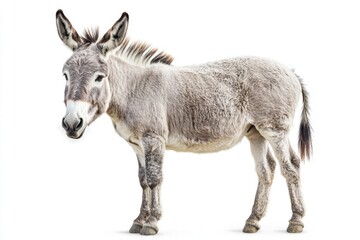 Obraz premium Gray donkey standing in profile view on a white background, showcasing its distinctive features and rich fur texture, perfect for illustrations of farm animals, wildlife, and nature.