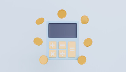 Calculator with Golden Coins, Financial Math Device with Money, Financial Management, Counting Budget and Savings Concept