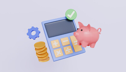 Calculator with piggy bank and gold coins, symbolizing savings, budgeting and personal finance