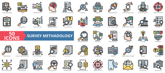 Survey methodology icon collection set. Containing study, data collection, statistics, information, question, research, analysis icon. Simple flat outline vector illustration
