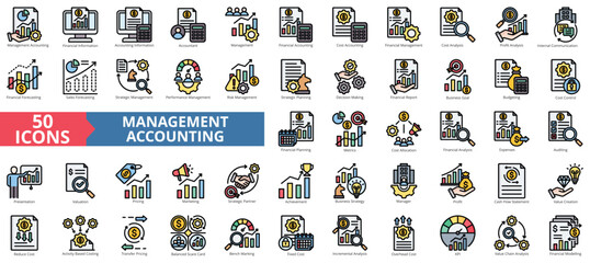 Naklejka premium Management accounting icon collection set. Containing economy, business, financial, management, analysis, performance, strategy icon. Simple flat outline vector illustration
