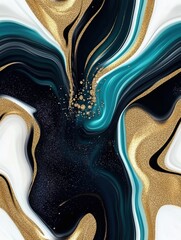 Obraz premium Abstract black, white, teal, and gold liquid artwork with shimmering effect