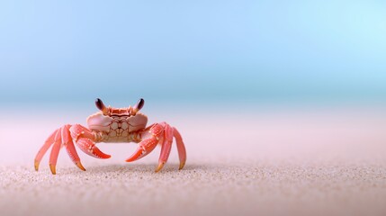 Vibrant Pink Crab Walking Sideways on Sandy Beach Under Clear Blue Sky, Featuring Minimalist AR 169 Style Aesthetic with Focus on Oceanic Serenity and Coastal Life