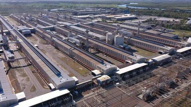 Aerial view of an aluminium smelter and accompanying electrical infrastructure at Tomago near Newcastle, NSW, Australia.