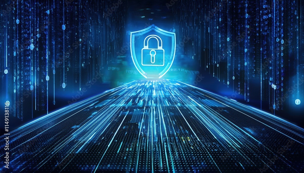 Poster futuristic cyber landscape featuring glowing shield symbolizing security, with data nodes and binary