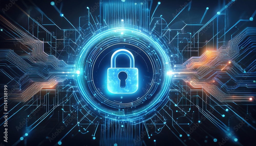 Poster glowing holographic lock icon surrounded by interconnected data streams and ai neural nodes, symboli