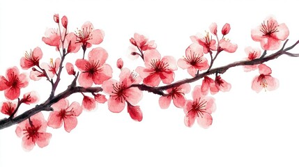 Obraz premium Delicate Watercolor Cherry Blossom Branch with Soft Pink Flowers on a White Background, Capturing the Essence of Spring and Natural Beauty in Floral Art
