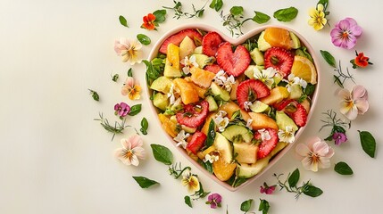 Fresh and Colorful Fruit Salad in Heart Shape with Edible Flowers and Green Leaves