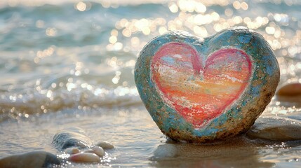 Fototapeta premium Vintage Hand Painted Heart Stone on Pastel Beach With Ocean Waves in Background
