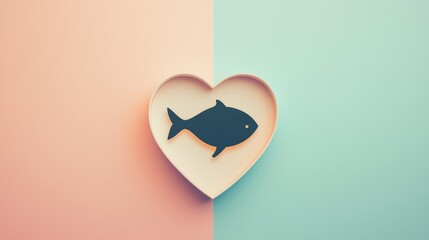 Minimalist Design of Fish Silhouette Inside Heart Shape on Pastel Background