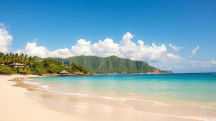 Fototapeta premium Spectacular view of a pristine beach with crystal clear turquoise waters and golden sand under a clear blue sky, beach, peaceful