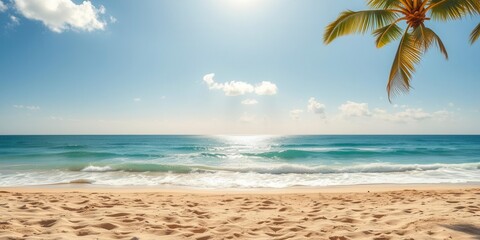 Fototapeta premium Spectacular view of a serene beach with crystal clear turquoise water and palm trees lining the shore, horizon, blue sky