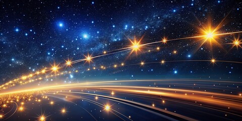 Obraz premium Long Exposure Starry Night Animation: Sparkling Light Trails Across Dark Blue Gradient Sky