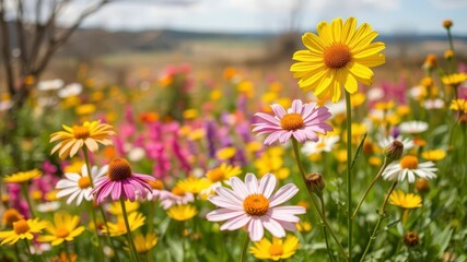 Fototapeta premium Vibrant daffodil flowers blooming in a sunlit field, outdoors, blossoms, bright