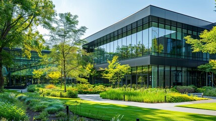 Obraz premium Modern Glass Office Building with Lush Green Landscaping