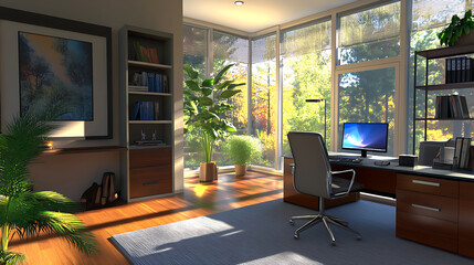 A modern office interior featuring sleek furniture, large windows letting in natural light, and a clean, organized workspace, ideal for productivity 