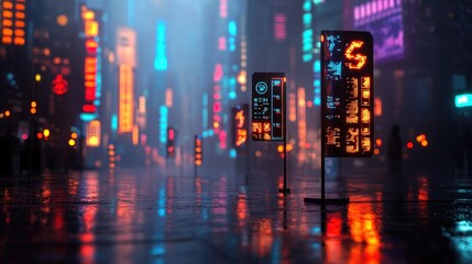 Obraz premium Futuristic city street at night with digital signs and reflections.
