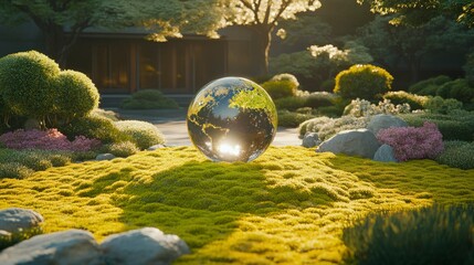 Crystal globe set on vibrant moss, symbolizing the intersection of technology and nature in promoting ecological sustainability, environmental protection, and responsible living.