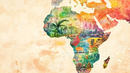 Fototapeta premium Artistic Watercolor Depiction of Africa's Map Featuring Vibrant Colors, Rich Culture, Landscapes, Wildlife, and Historical Elements for Enhanced Visual Appeal