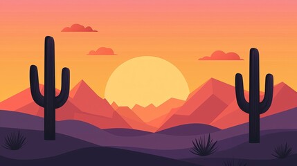 A serene desert landscape featuring cacti and mountains under a vibrant sunset, creating a tranquil atmosphere.