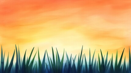 Fototapeta premium A vibrant sunset casts warm hues over lush green grass, creating a serene and peaceful landscape.