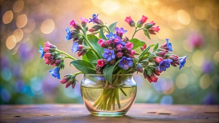 Long Exposure: Wild Lungwort Bouquet in Glass Vase, Light Background - Stock Photo