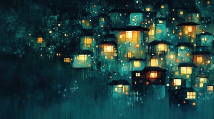 A vibrant, illustrated night cityscape of a hillside village, with lit windows creating a magical glow.