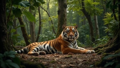 Obraz premium Tiger lying on the ground in a forest.Wild beauty. Power. Nature's majesty.Wildlife photography, animal conservation, forest wildlife, tiger habitat, nature documentaries, animal protection, endangere