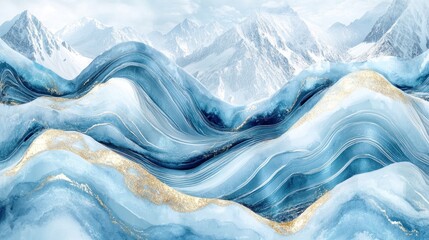 Abstract blue and gold waves over snowy mountains.