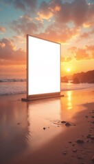 Fototapeta premium Vertical blank banner on a beach at sunset with ocean view.Event promotion, banner design, sunset beach, ocean view, marketing materials, outdoor advertisement, branding, summer event, social gatherin