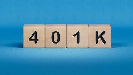 wooden cube block with 401K business word. Mission, Vision and core values concept.close up of wooden elements,Business Concept.3D rendering on blue background.