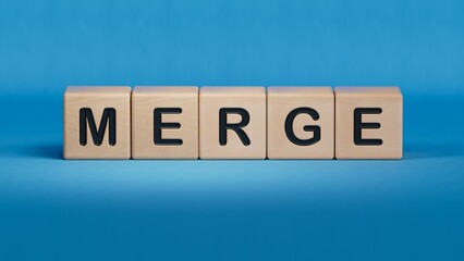 wooden cube block with MERGE business word.close up of wooden elements,Business Concept.3D rendering on blue background.