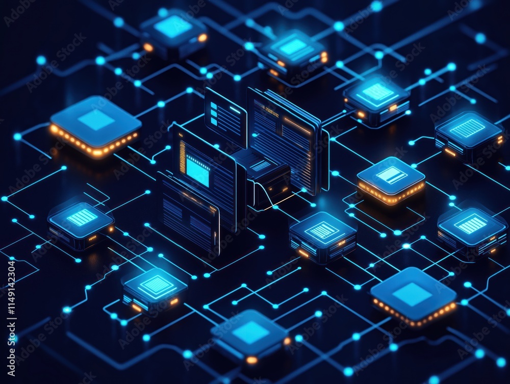 Poster futuristic tech design shows digital data network. modern tech components connect via glowing circui