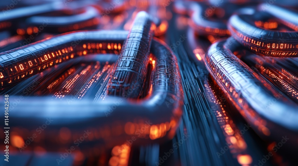 Poster abstract close-up of glowing metallic tubes with binary code, suggesting data flow and digital techn