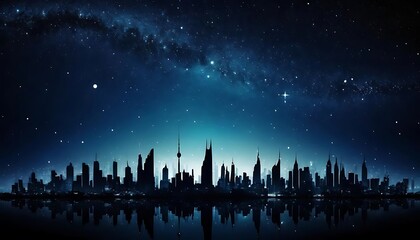 Naklejka premium Cityscape Silhouette Reflected in Water Under Starry Night