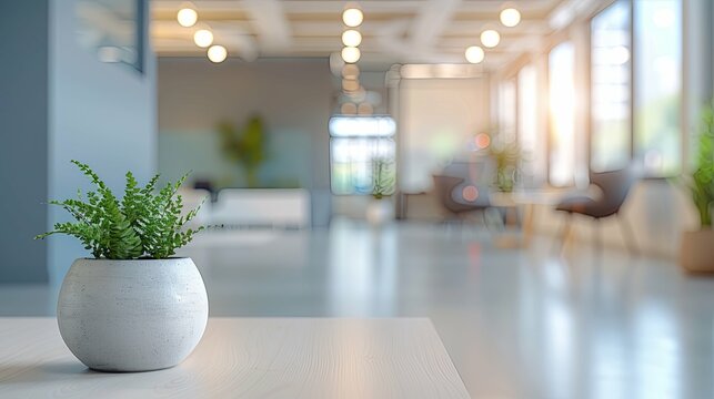 Small fern in a white pot on a table in a blurred modern office.