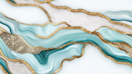Marbled turquoise and gold abstract texture with flowing accents