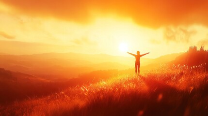 Fototapeta premium Silhouette of person with arms outstretched enjoying a vibrant sunset over mountain range.