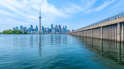 Naklejka premium Modern Hydroelectric Dam with City Skyline in Background