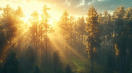 Magical fairytale forest with coniferous trees and green moss, enveloped in a mystical atmosphere, perfect for creating a captivating and fantasy-filled landscape design.