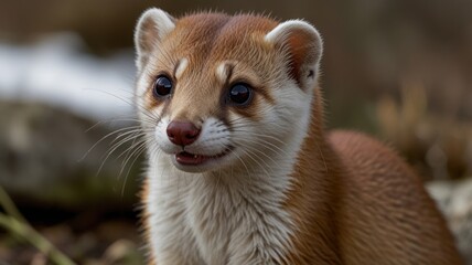 Close-up of a weasel-like animal with alert expression.