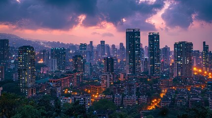 Obraz premium Mumbai Skyline at Dusk: High-Rise Buildings and City Lights Under a Dramatic Sky