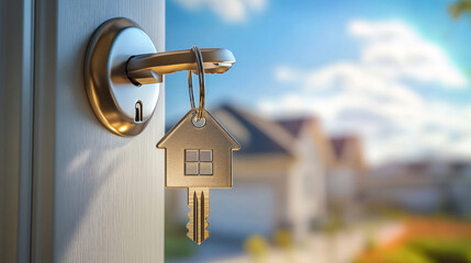 House shaped key hanging on door handle with copyspace